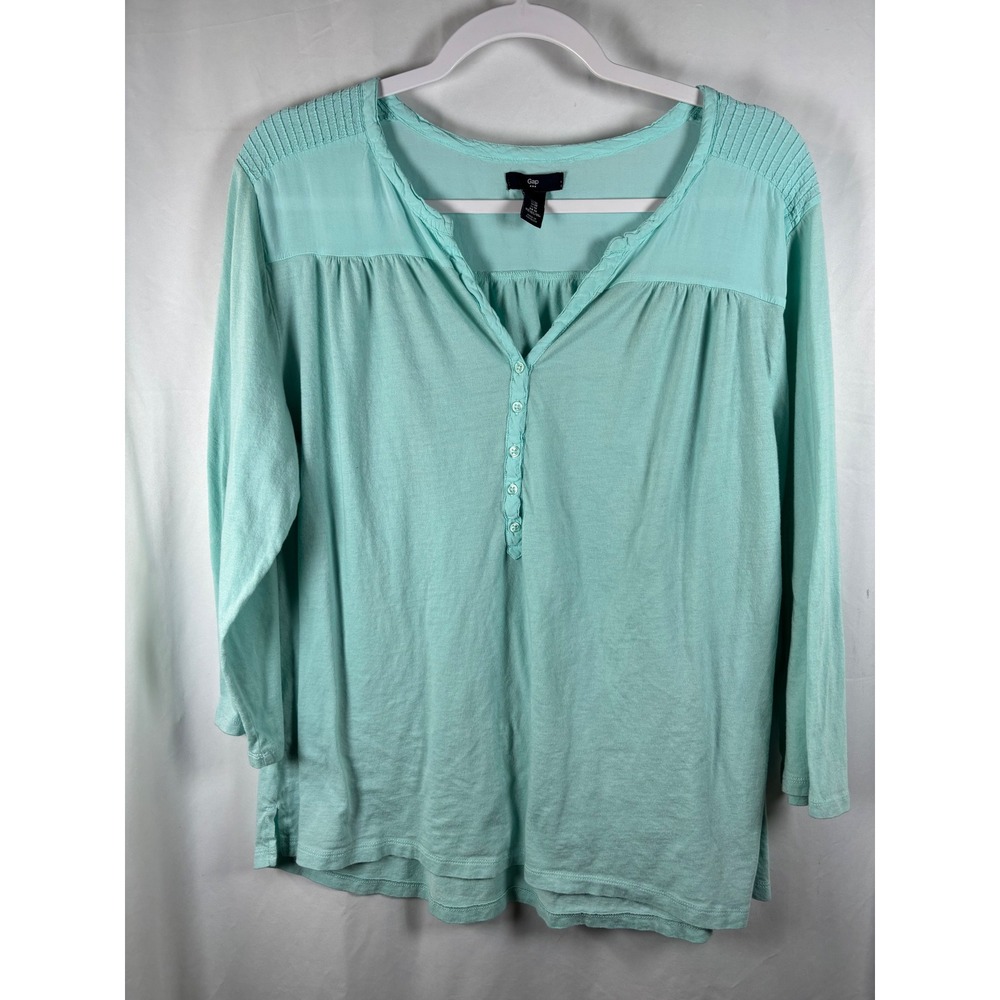 Gap Women's Long Sleeve Tunic Top Teal Green V-Neck Button Accent Size M‎